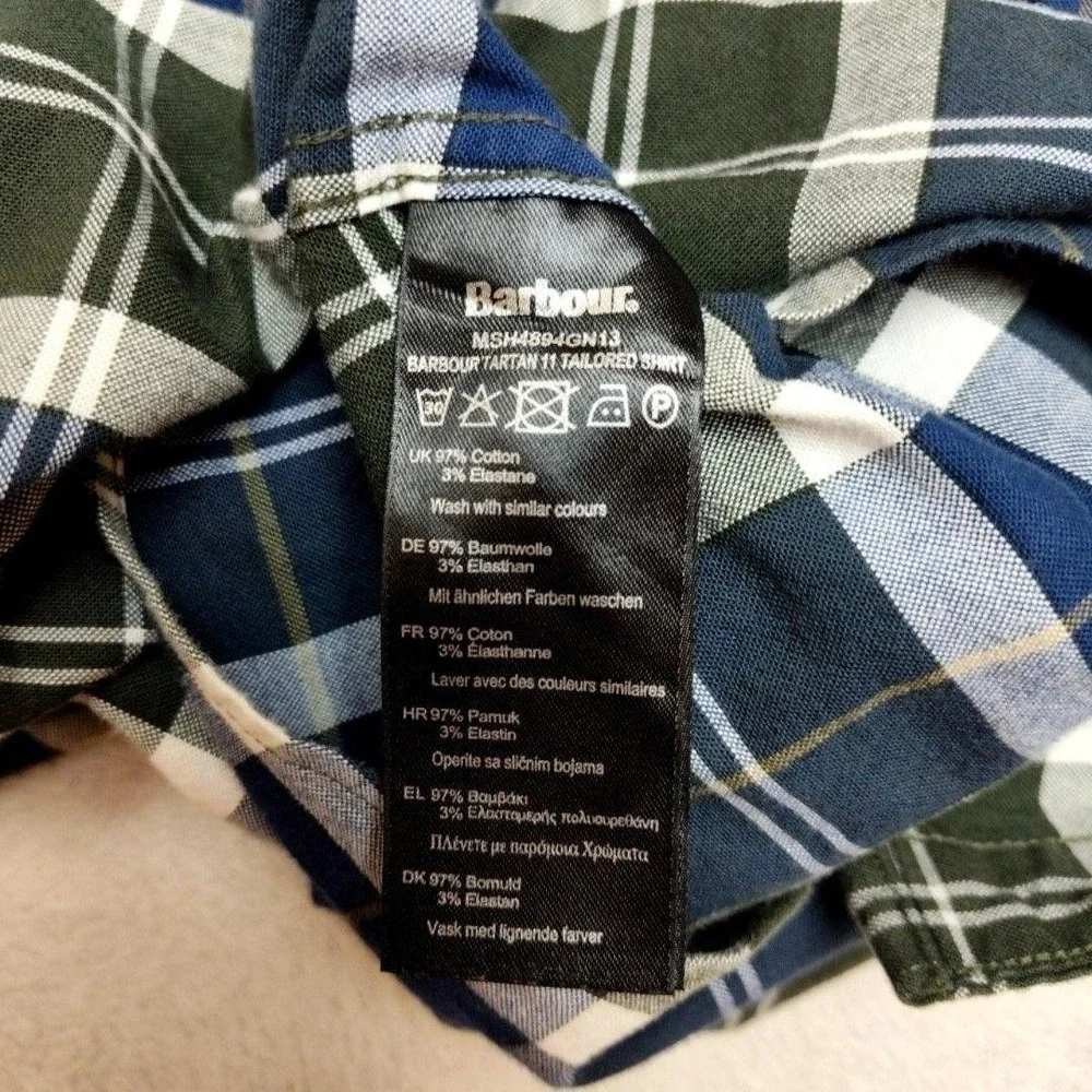 Barbour Shirt Mens Large Blue Tartan Plaid Long Sleeve Button Up Tailored Fit - Picture 7 of 12